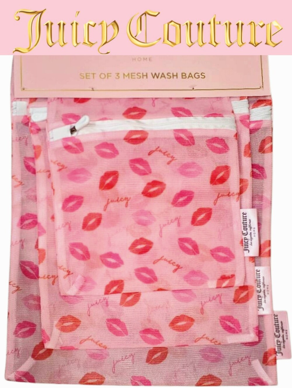 Juicy Couture Home Lip Print Mesh Wash Bags- Set of 3